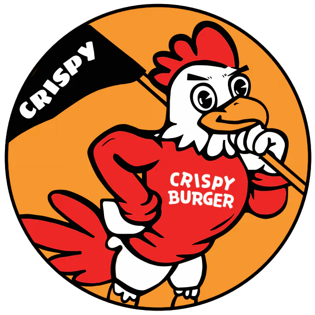 Crispy Burger cartoon chicken logo, a stylized rooster in a red shirt with "CRISPY BURGER" text
